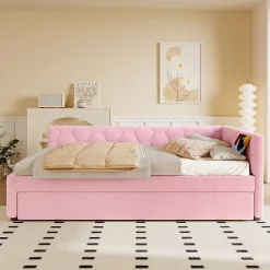 Okwish Lit Gigogne 90x200 cm - Lit Tiroir et Lampe Intégrée avec Ports USB et Type-C - Sans Matelas - Rose Imitation Laine Clearance
