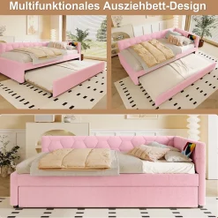 Okwish Lit Gigogne 90x200 cm - Lit Tiroir et Lampe Intégrée avec Ports USB et Type-C - Sans Matelas - Rose Imitation Laine Clearance