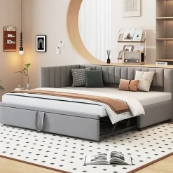 Okwish Lit Gigogne 90/180x200 cm - L-Shaped avec Lit Coulissant pour enfants et Invités, Multifonction, Velours Gris Clair, Sans Matelas