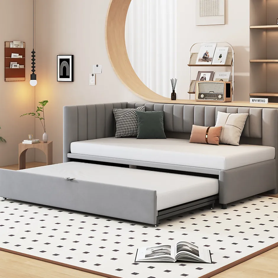 Okwish Lit Gigogne 90/180x200 cm - L-Shaped avec Lit Coulissant pour enfants et Invités, Multifonction, Velours Gris Clair, Sans Matelas