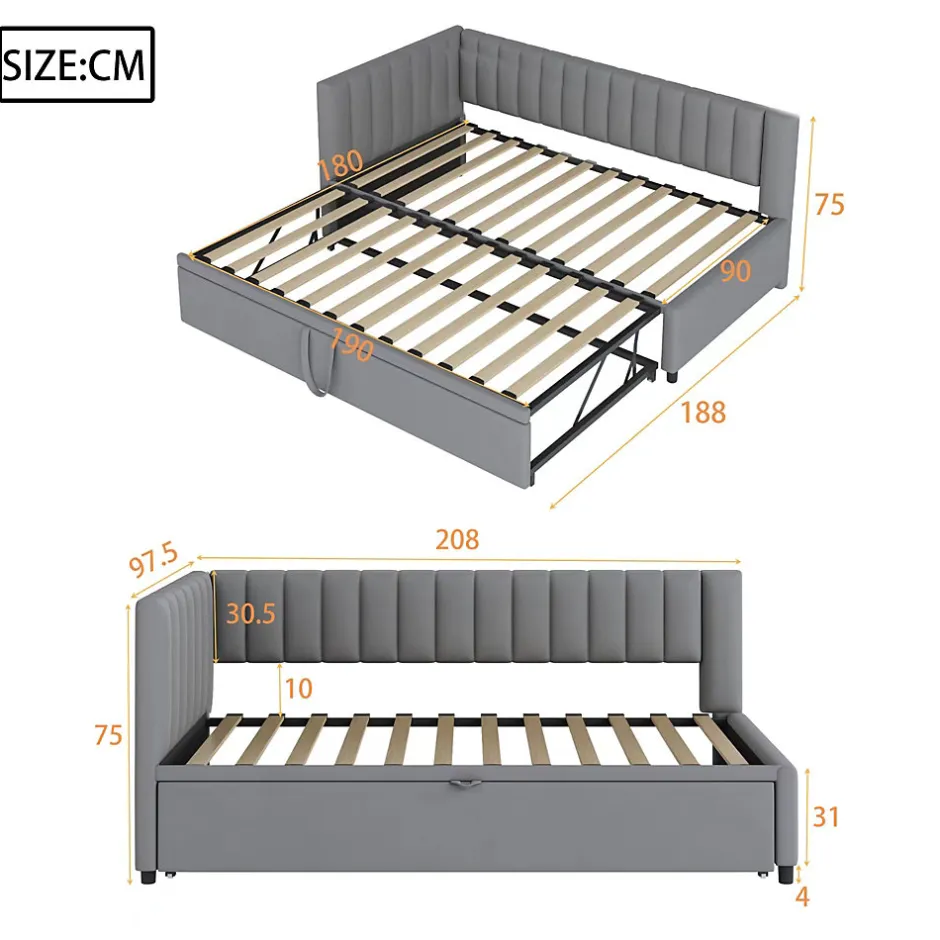 Okwish Lit Gigogne 90/180x200 cm - L-Shaped avec Lit Coulissant pour enfants et Invités, Multifonction, Velours Gris Clair, Sans Matelas