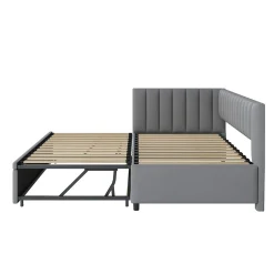 Okwish Lit Gigogne 90/180x200 cm - L-Shaped avec Lit Coulissant pour enfants et Invités, Multifonction, Velours Gris Clair, Sans Matelas