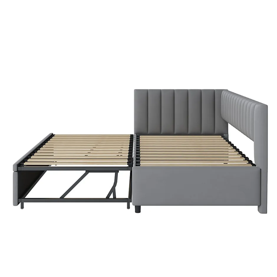 Okwish Lit Gigogne 90/180x200 cm - L-Shaped avec Lit Coulissant pour enfants et Invités, Multifonction, Velours Gris Clair, Sans Matelas