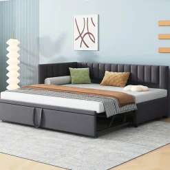 Okwish Lit Gigogne 90/180x200 cm - L-Shaped avec Lit Coulissant, Convertible pour enfants et Invités, Velours Gris Foncé, Sans Matelas Best