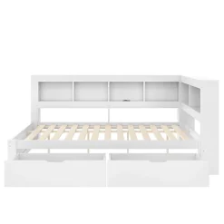 Okwish Lit gigogne 140x200 cm ado avec couchage supplémentaire 90x190 cm, prises et 2 ports USB, structure pin+MDF blanc Hot