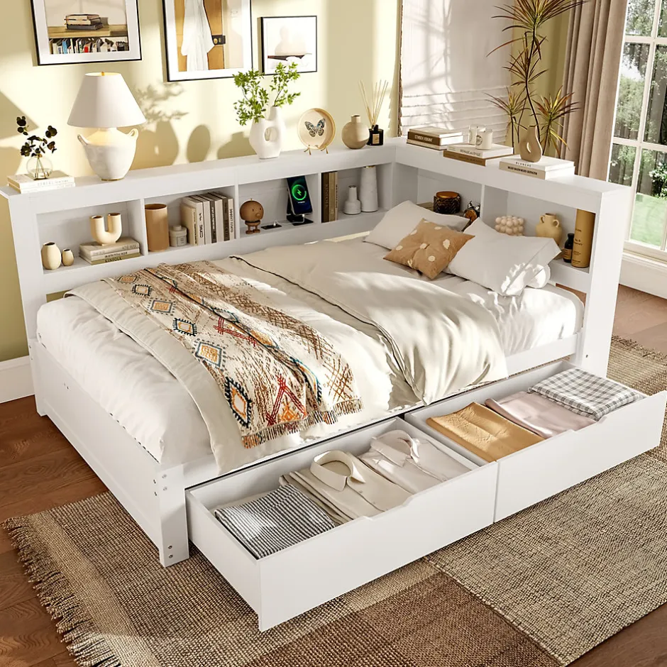 Okwish Lit gigogne 140x200 cm ado avec couchage supplémentaire 90x190 cm, prises et 2 ports USB, structure pin+MDF blanc Hot