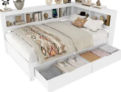 Okwish Lit gigogne 140x200 cm ado avec couchage supplémentaire 90x190 cm, prises et 2 ports USB, structure pin+MDF blanc Hot