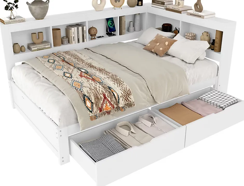 Okwish Lit gigogne 140x200 cm ado avec couchage supplémentaire 90x190 cm, prises et 2 ports USB, structure pin+MDF blanc Hot