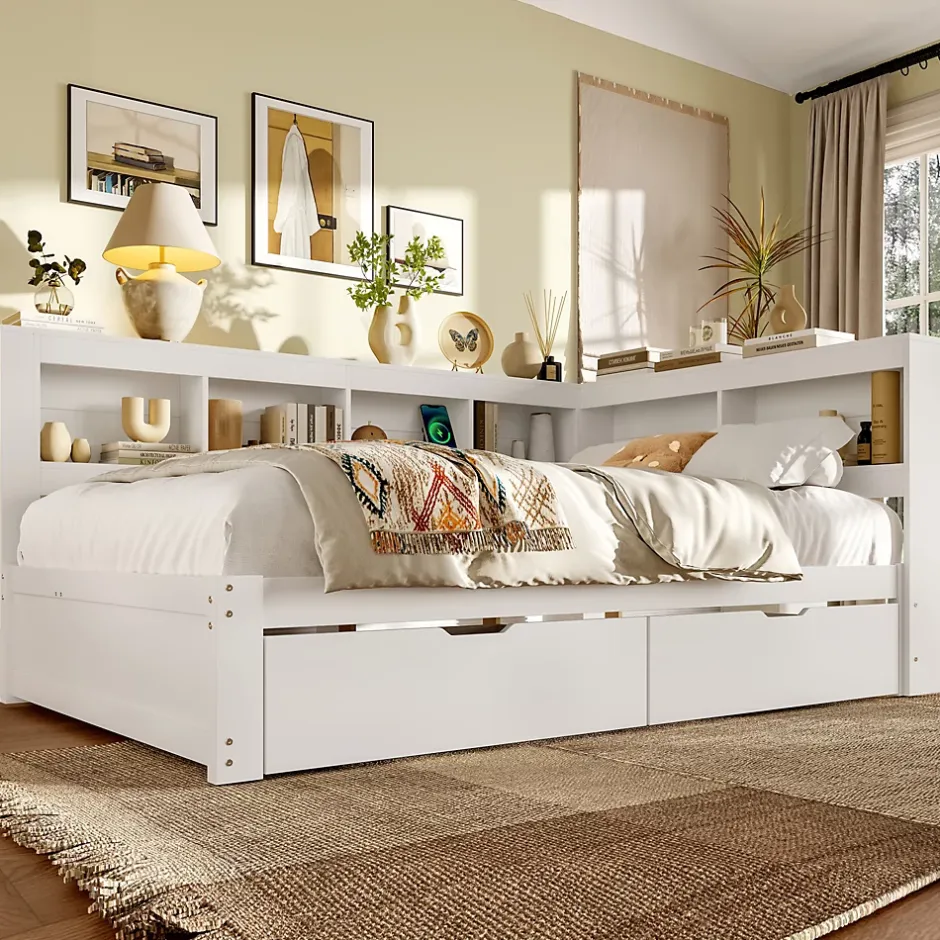 Okwish Lit gigogne 140x200 cm ado avec couchage supplémentaire 90x190 cm, prises et 2 ports USB, structure pin+MDF blanc Hot