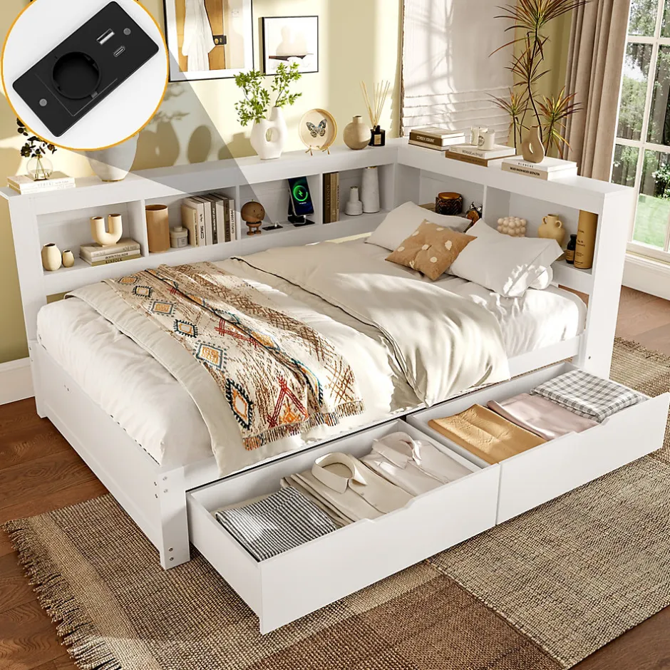 Okwish Lit gigogne 140x200 cm ado avec couchage supplémentaire 90x190 cm, prises et 2 ports USB, structure pin+MDF blanc Hot