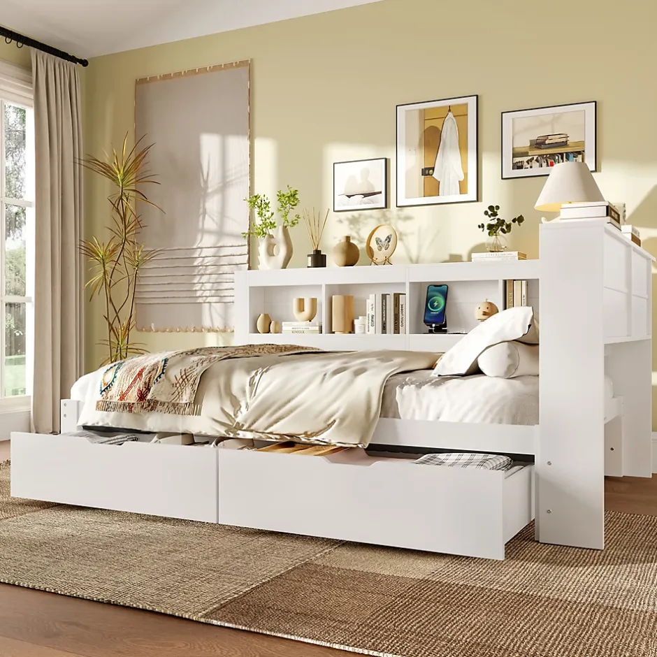 Okwish Lit gigogne 140x200 cm ado avec couchage supplémentaire 90x190 cm, prises et 2 ports USB, structure pin+MDF blanc Hot
