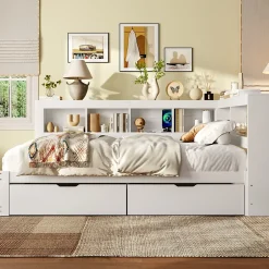Okwish Lit gigogne 140x200 cm ado avec couchage supplémentaire 90x190 cm, prises et 2 ports USB, structure pin+MDF blanc Hot