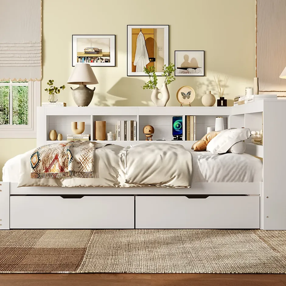 Okwish Lit gigogne 140x200 cm ado avec couchage supplémentaire 90x190 cm, prises et 2 ports USB, structure pin+MDF blanc Hot
