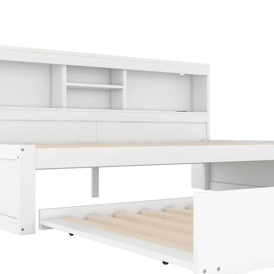 Okwish Lit gigogne 90x200 cm ado/enfant avec tiroir coulissant, LED télécommandée, ports USB, prise électrique et rangement - blanc Sale