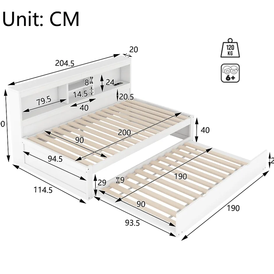 Okwish Lit gigogne 90x200 cm ado/enfant avec tiroir coulissant, LED télécommandée, ports USB, prise électrique et rangement - blanc Sale