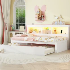 Okwish Lit gigogne 90x200 cm ado/enfant avec tiroir coulissant, LED télécommandée, ports USB, prise électrique et rangement - blanc Sale