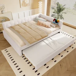 Okwish Lit gigogne 140x200 cm avec lit tiroir, lampe intégrée, ports USB et Type-C - 2 couchages gain de place - imitation laine blanc