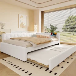 Okwish Lit gigogne 140x200 cm avec lit tiroir, lampe intégrée, ports USB et Type-C - 2 couchages gain de place - imitation laine blanc