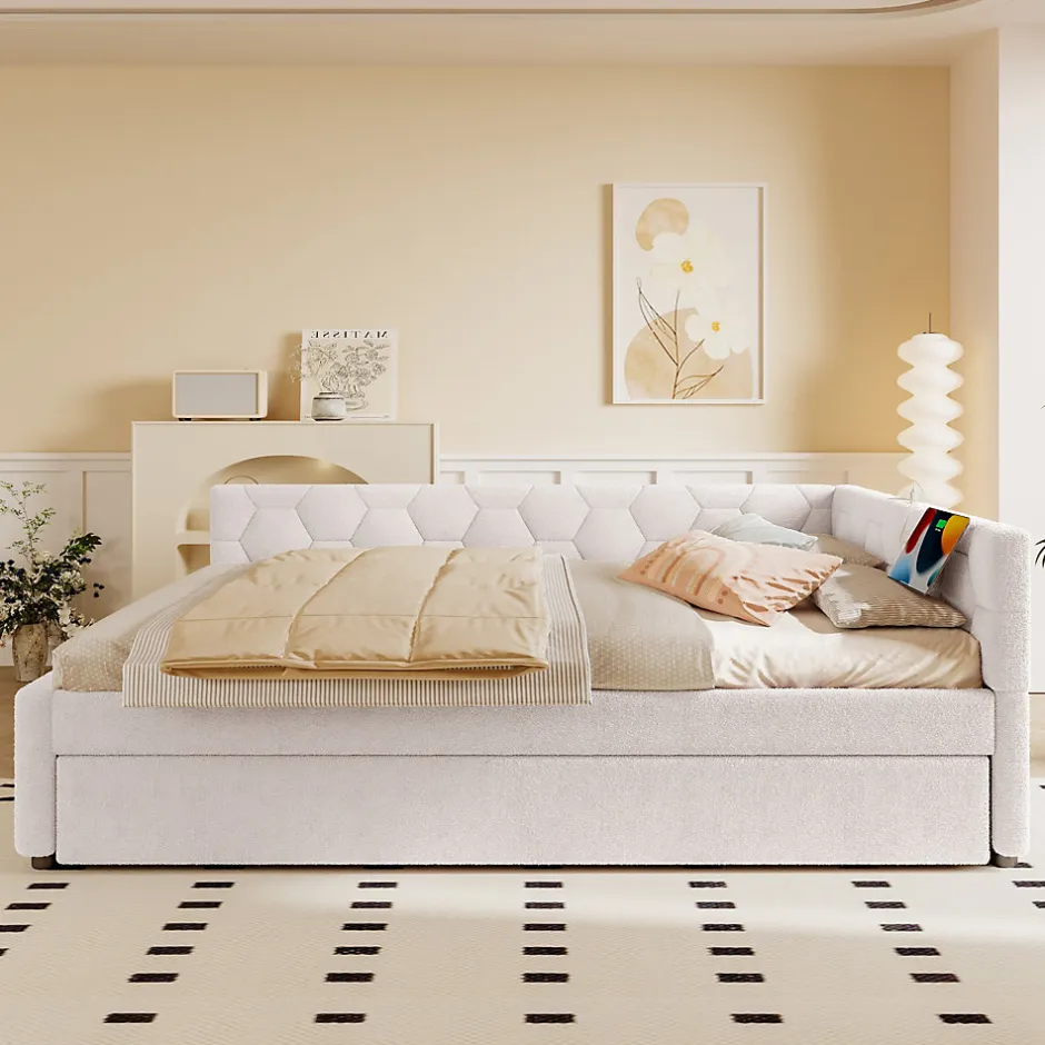 Okwish Lit gigogne 140x200 cm avec lit tiroir, lampe intégrée, ports USB et Type-C - 2 couchages gain de place - imitation laine blanc