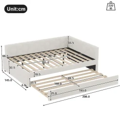 Okwish Lit gigogne 140x200 cm avec lit tiroir, lampe intégrée, ports USB et Type-C - 2 couchages gain de place - imitation laine blanc