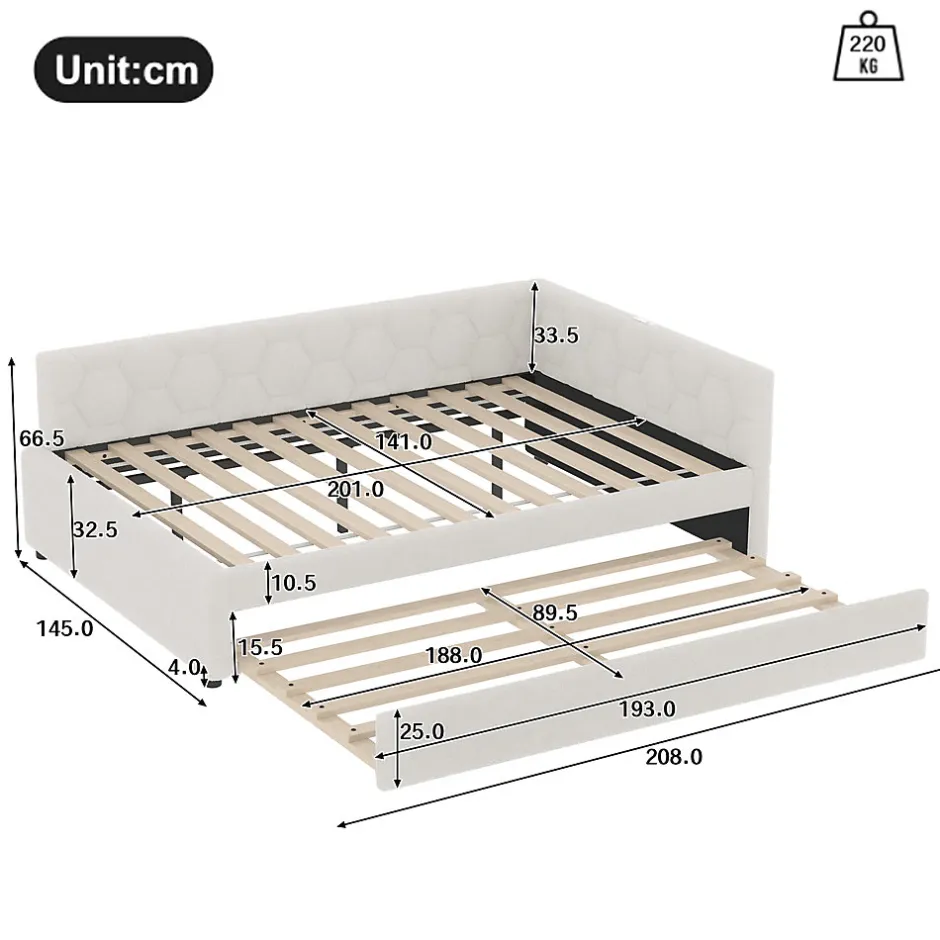 Okwish Lit gigogne 140x200 cm avec lit tiroir, lampe intégrée, ports USB et Type-C - 2 couchages gain de place - imitation laine blanc