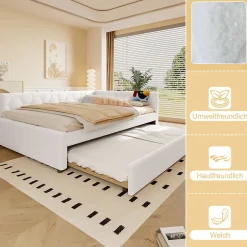 Okwish Lit gigogne 140x200 cm avec lit tiroir, lampe intégrée, ports USB et Type-C - 2 couchages gain de place - imitation laine blanc