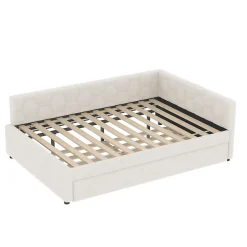 Okwish Lit gigogne 140x200 cm avec lit tiroir, lampe intégrée, ports USB et Type-C - 2 couchages gain de place - imitation laine blanc