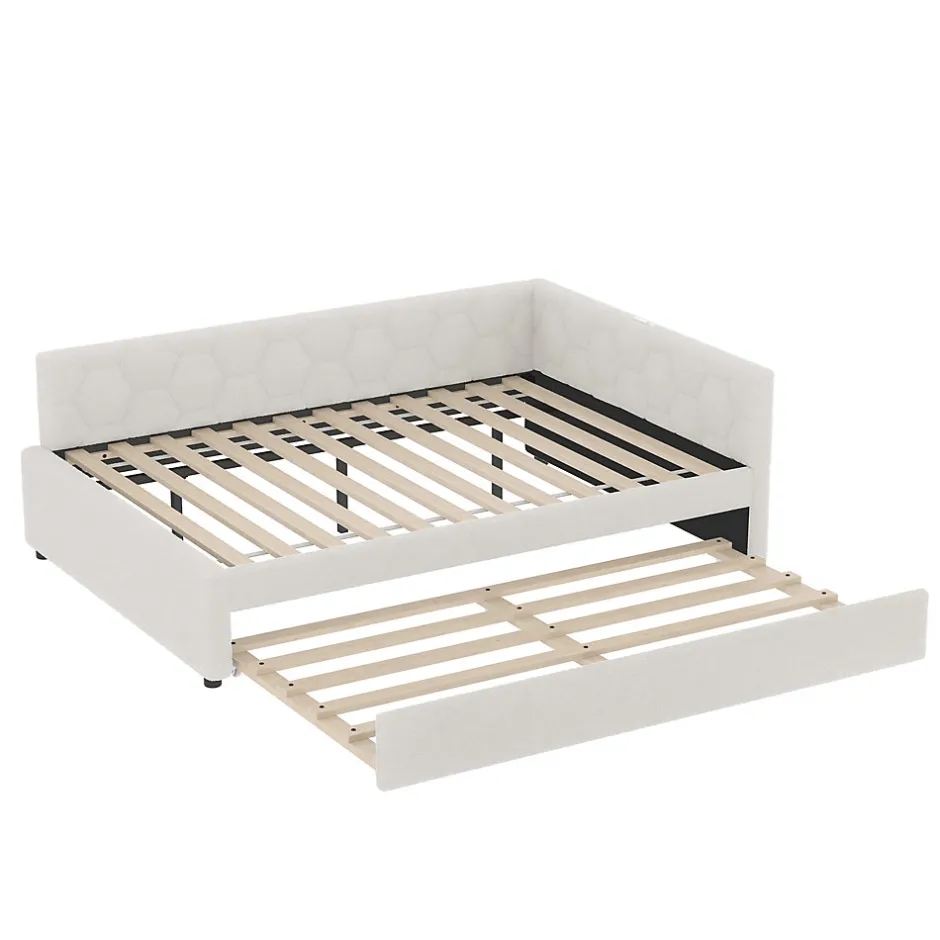 Okwish Lit gigogne 140x200 cm avec lit tiroir, lampe intégrée, ports USB et Type-C - 2 couchages gain de place - imitation laine blanc