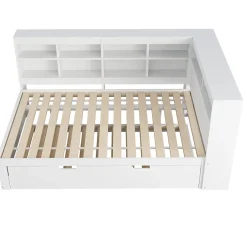 Okwish Lit Gigogne 140x200 cm avec Lit Tiroir 90x190 cm, en Bois Massif avec Rangement et Prise USB Intégrée, Lit Multifonction Blanc New