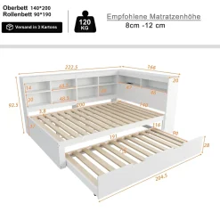 Okwish Lit Gigogne 140x200 cm avec Lit Tiroir 90x190 cm, en Bois Massif avec Rangement et Prise USB Intégrée, Lit Multifonction Blanc New
