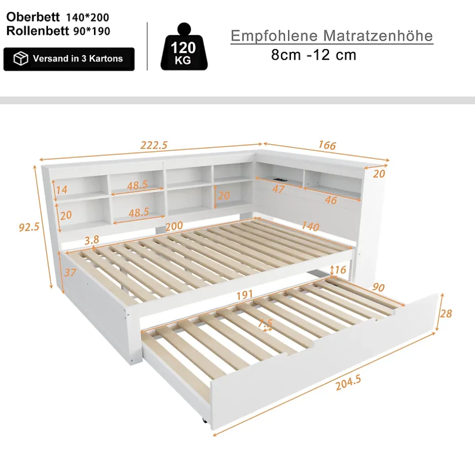 Okwish Lit Gigogne 140x200 cm avec Lit Tiroir 90x190 cm, en Bois Massif avec Rangement et Prise USB Intégrée, Lit Multifonction Blanc New