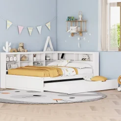 Okwish Lit Gigogne 140x200 cm avec Lit Tiroir 90x190 cm, en Bois Massif avec Rangement et Prise USB Intégrée, Lit Multifonction Blanc New