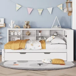 Okwish Lit Gigogne 140x200 cm avec Lit Tiroir 90x190 cm, en Bois Massif avec Rangement et Prise USB Intégrée, Lit Multifonction Blanc New