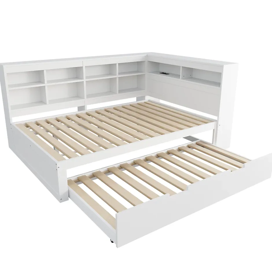 Okwish Lit Gigogne 140x200 cm avec Lit Tiroir 90x190 cm, en Bois Massif avec Rangement et Prise USB Intégrée, Lit Multifonction Blanc New