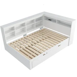 Okwish Lit Gigogne 140x200 cm avec Lit Tiroir 90x190 cm, en Bois Massif avec Rangement et Prise USB Intégrée, Lit Multifonction Blanc New