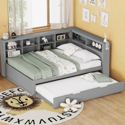 Okwish Lit Gigogne 140x200 cm avec Lit Tiroir 90x190 cm, en Bois Massif avec Rangement et Prise USB Intégrée, Lit Multifonction Gris