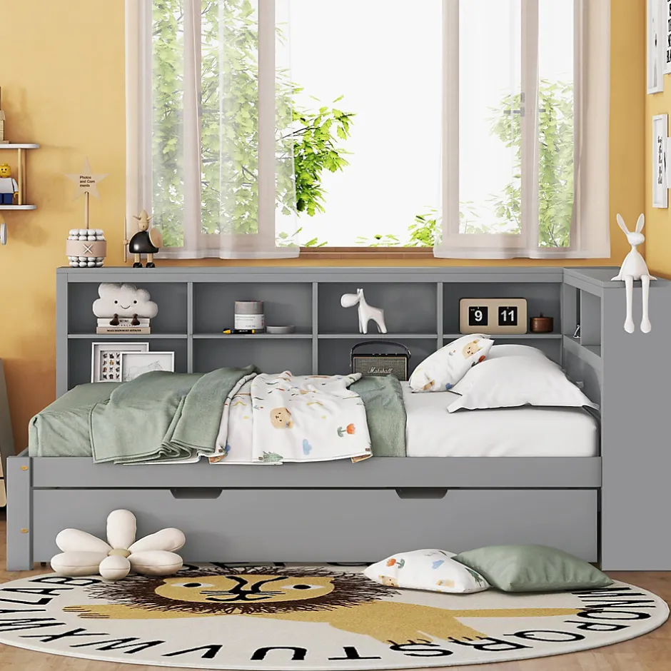 Okwish Lit Gigogne 140x200 cm avec Lit Tiroir 90x190 cm, en Bois Massif avec Rangement et Prise USB Intégrée, Lit Multifonction Gris