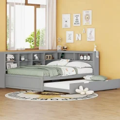 Okwish Lit Gigogne 140x200 cm avec Lit Tiroir 90x190 cm, en Bois Massif avec Rangement et Prise USB Intégrée, Lit Multifonction Gris