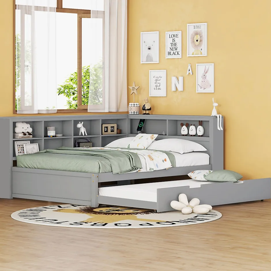 Okwish Lit Gigogne 140x200 cm avec Lit Tiroir 90x190 cm, en Bois Massif avec Rangement et Prise USB Intégrée, Lit Multifonction Gris