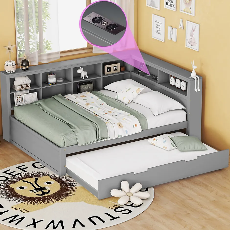 Okwish Lit Gigogne 140x200 cm avec Lit Tiroir 90x190 cm, en Bois Massif avec Rangement et Prise USB Intégrée, Lit Multifonction Gris
