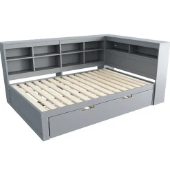 Okwish Lit Gigogne 140x200 cm avec Lit Tiroir 90x190 cm, en Bois Massif avec Rangement et Prise USB Intégrée, Lit Multifonction Gris
