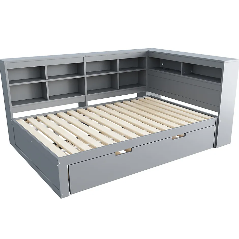 Okwish Lit Gigogne 140x200 cm avec Lit Tiroir 90x190 cm, en Bois Massif avec Rangement et Prise USB Intégrée, Lit Multifonction Gris