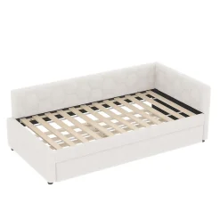 Okwish Lit gigogne 90x200 cm avec lit tiroir, lampe intégrée, ports USB et Type-C - 2 couchages gain de place - blanc imitation laine