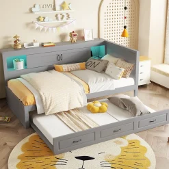 Okwish Lit gigogne 90x200 cm avec rangement latéral, LED télécommande et ports USB - sommier inclus - sans matelas - gris