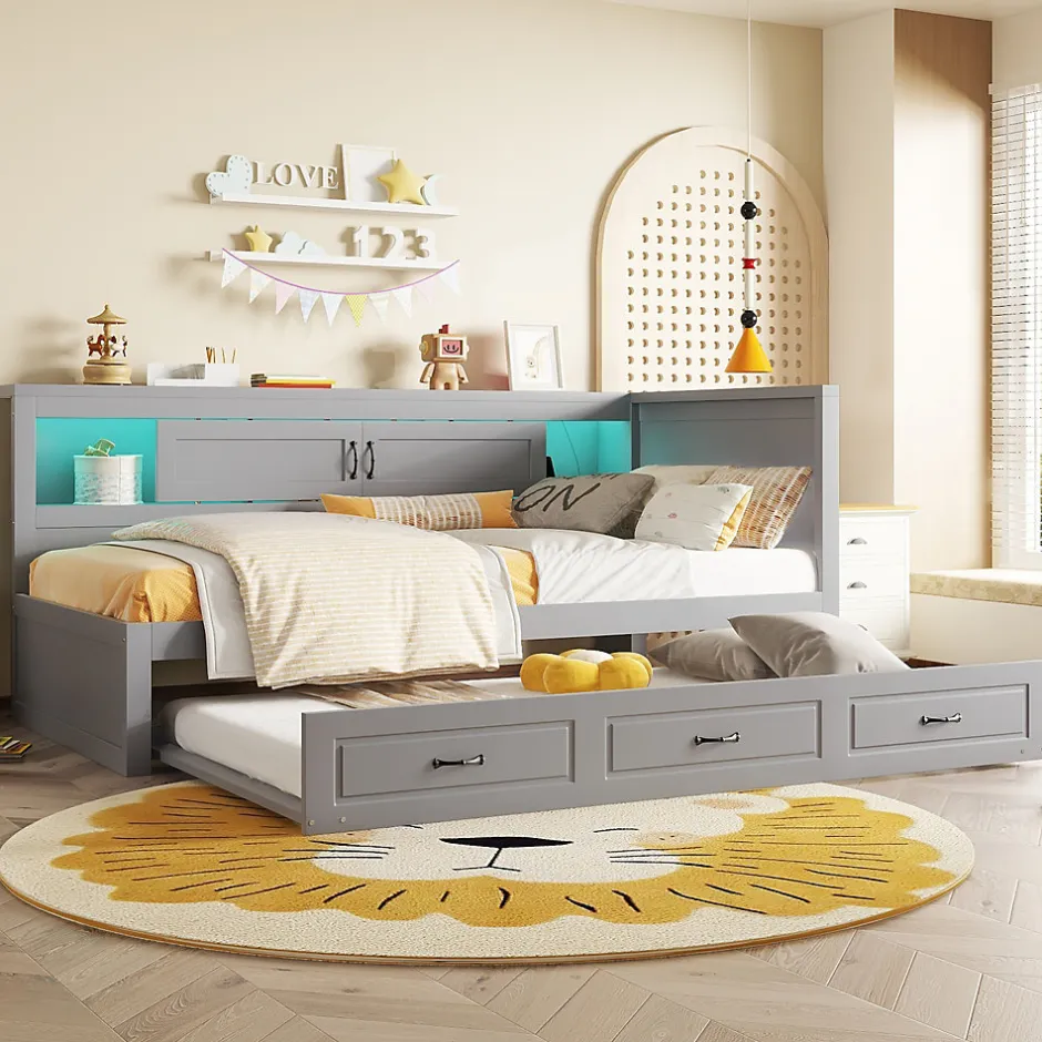 Okwish Lit gigogne 90x200 cm avec rangement latéral, LED télécommande et ports USB - sommier inclus - sans matelas - gris