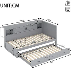 Okwish Lit gigogne 90x200 cm avec rangement latéral, LED télécommande et ports USB - sommier inclus - sans matelas - gris
