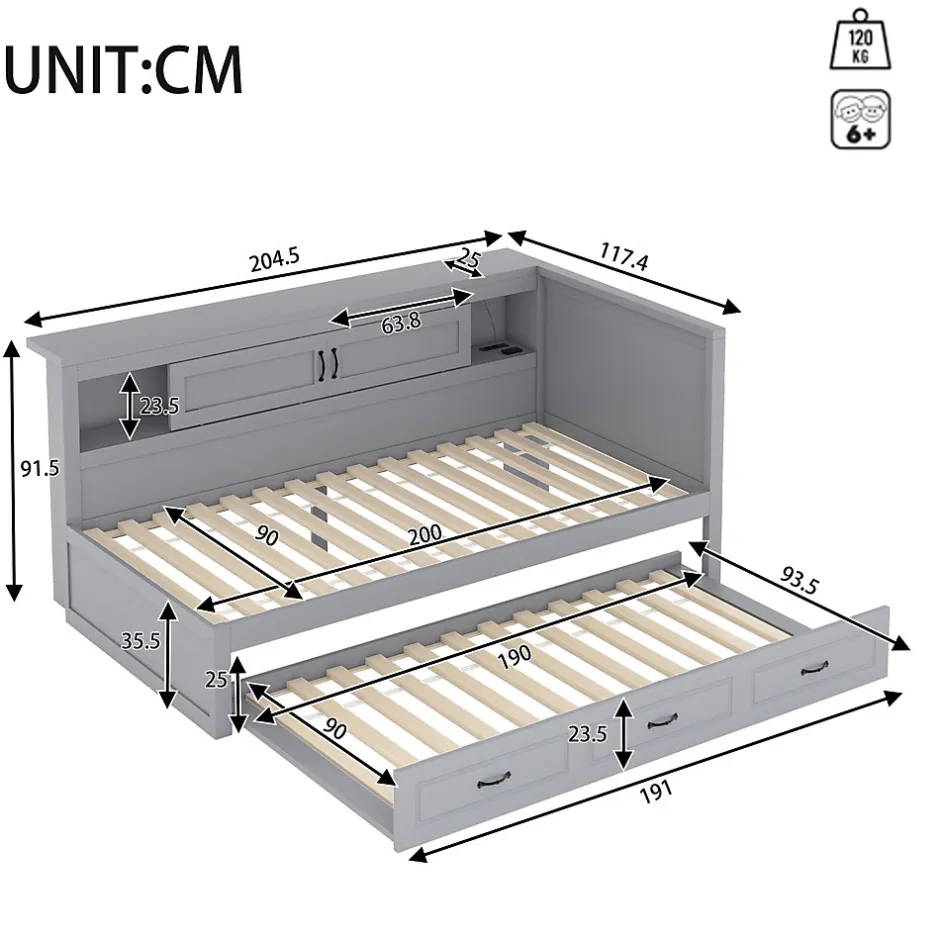 Okwish Lit gigogne 90x200 cm avec rangement latéral, LED télécommande et ports USB - sommier inclus - sans matelas - gris