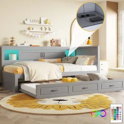 Okwish Lit gigogne 90x200 cm avec rangement latéral, LED télécommande et ports USB - sommier inclus - sans matelas - gris