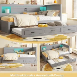 Okwish Lit gigogne 90x200 cm avec rangement latéral, LED télécommande et ports USB - sommier inclus - sans matelas - gris