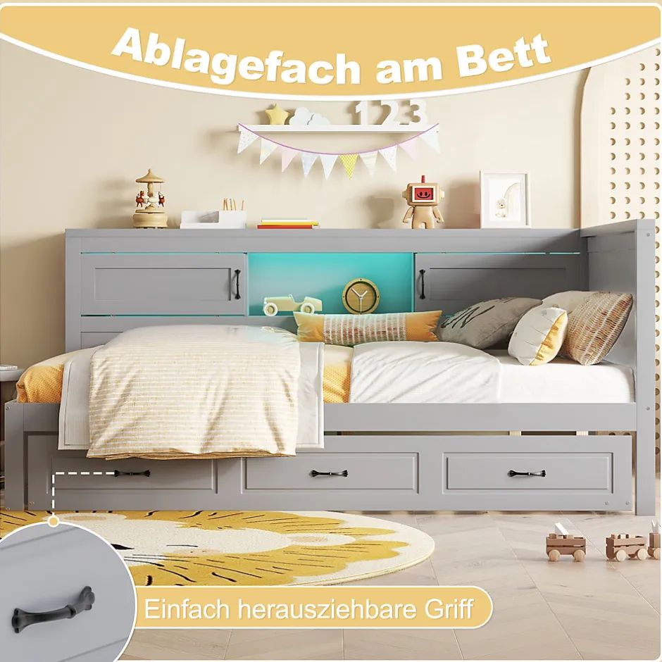 Okwish Lit gigogne 90x200 cm avec rangement latéral, LED télécommande et ports USB - sommier inclus - sans matelas - gris